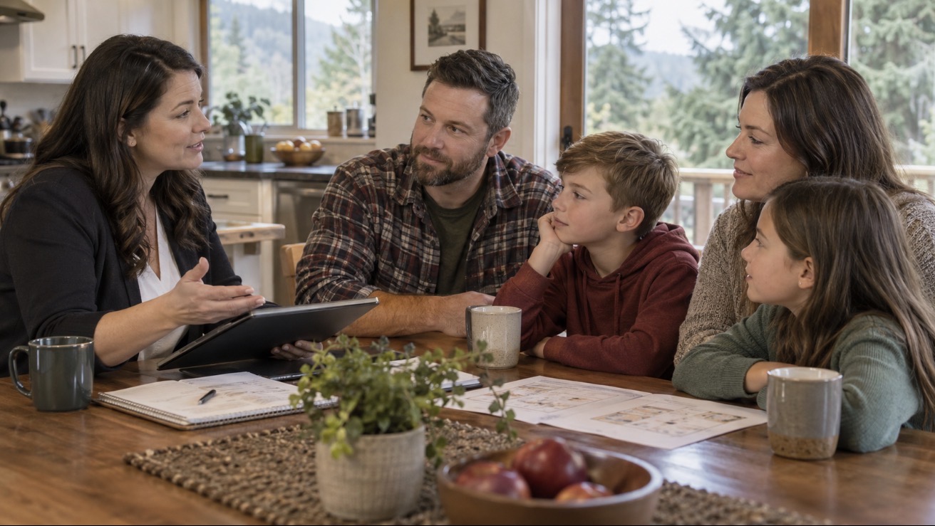 A home safety educator meeting with a family around their kitchen table