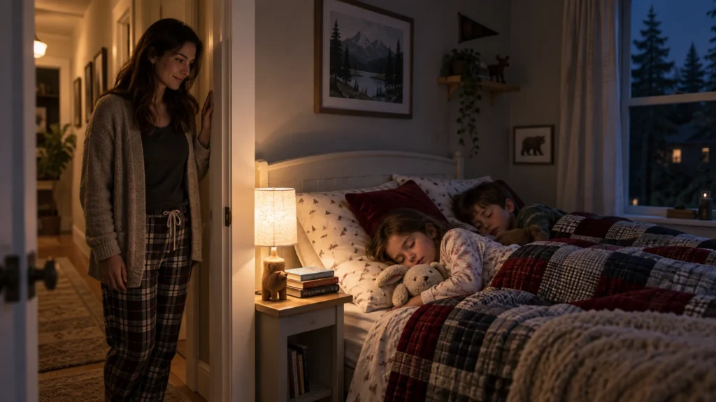 A parent checking on two sleeping children at night